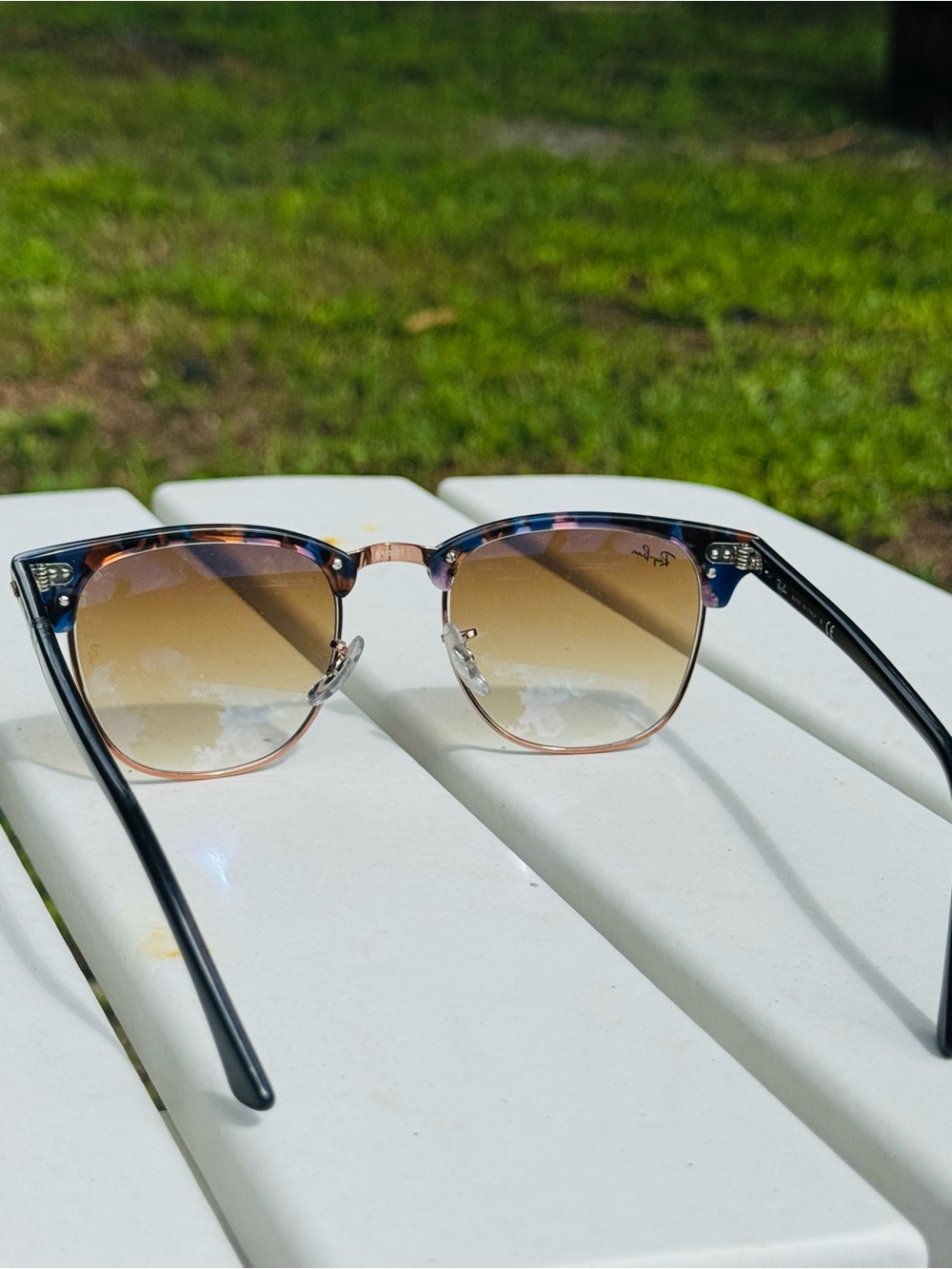 Ray-Ban Clubmaster Sunglasses - Blue Tortoise Top with Brown Gradient Lenses - Picture 6 of 8